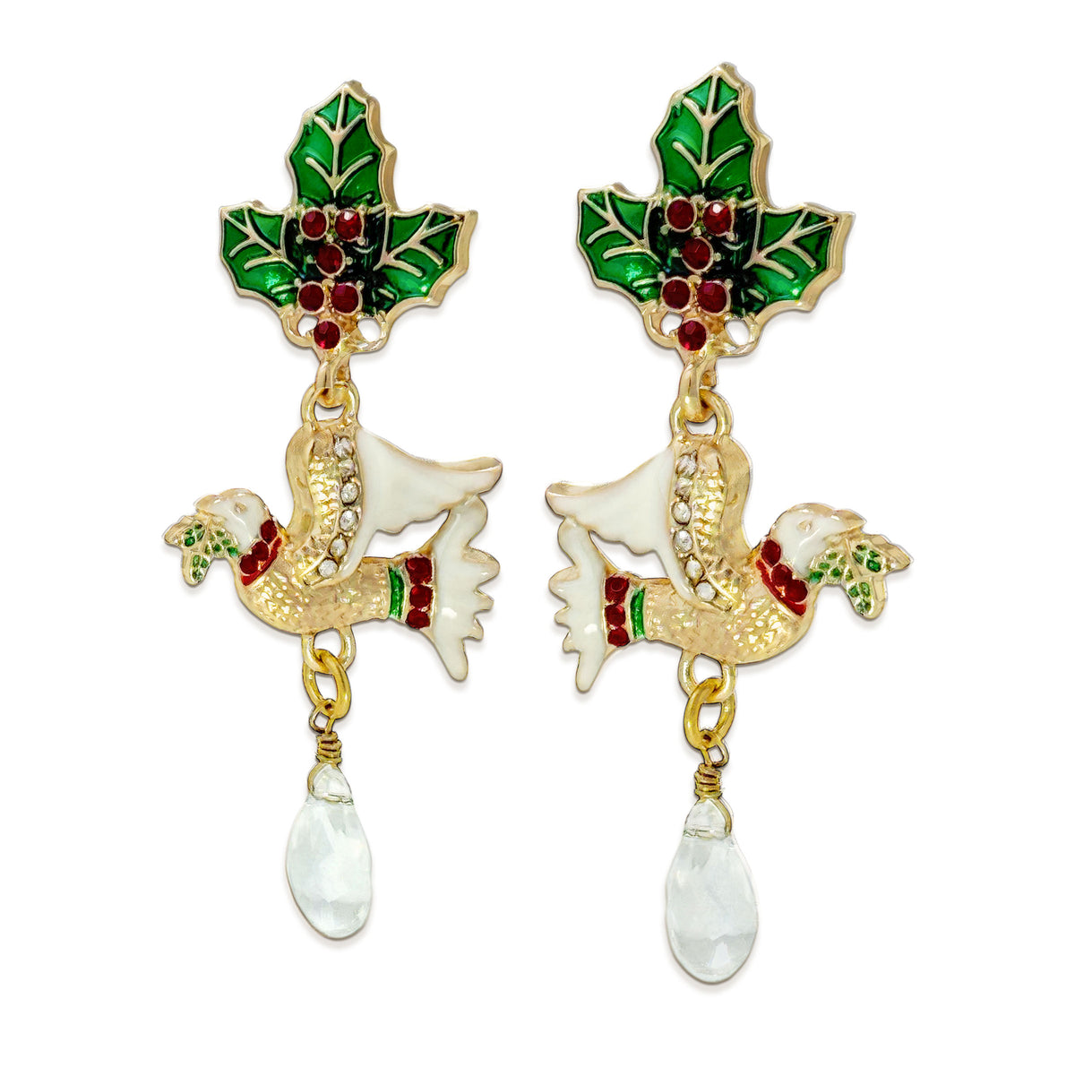 Two Turtle Doves Merry Christmas Drop Dangle Earrings by Ritzy Couture -Goldtone