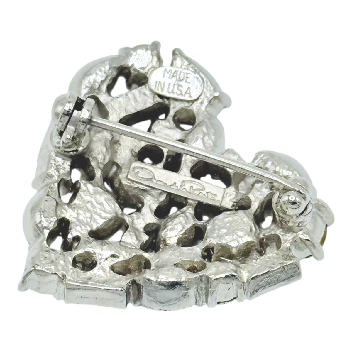 Oscar de la Renta Austrian Crystal Pave Love Heart Brooch 1” x 1” Silvertone