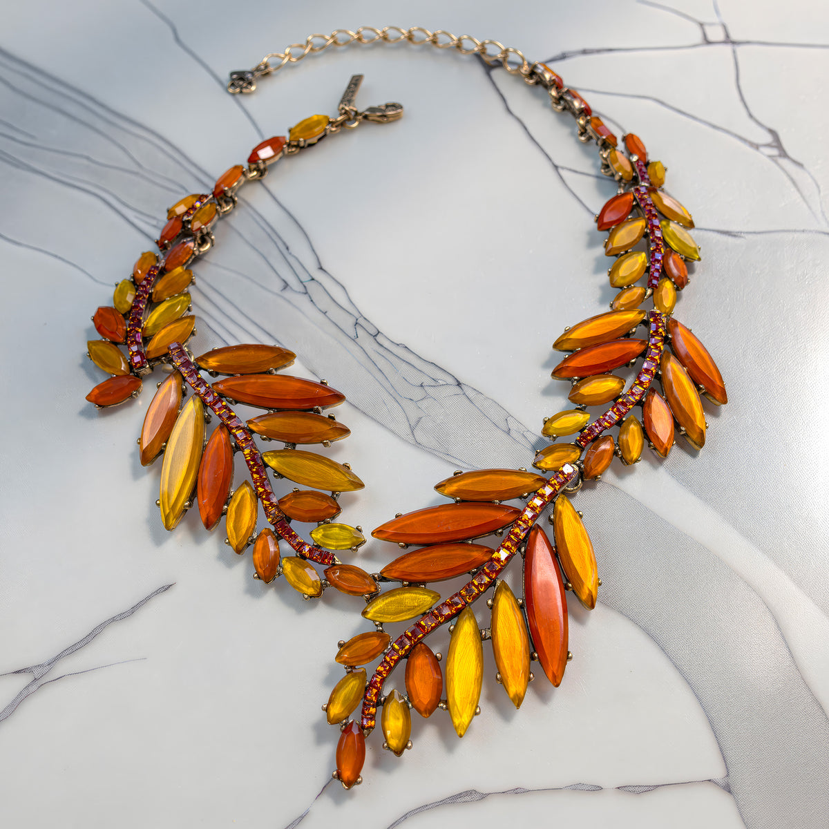 Oscar de la Renta 22K Gold Plated Orange Amber Resin Leaf Statement Necklace