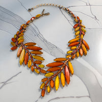 Oscar de la Renta 22K Gold Plated Orange Amber Resin Leaf Statement Necklace