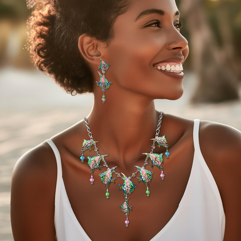 Lunch at The Ritz Silvertone Tropical Fish Austrian Crystal Statement Necklace