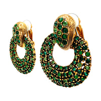 Oscar De La Renta Emerald Green Gold Swarovski Crystals Doorknocker Clip Hoops
