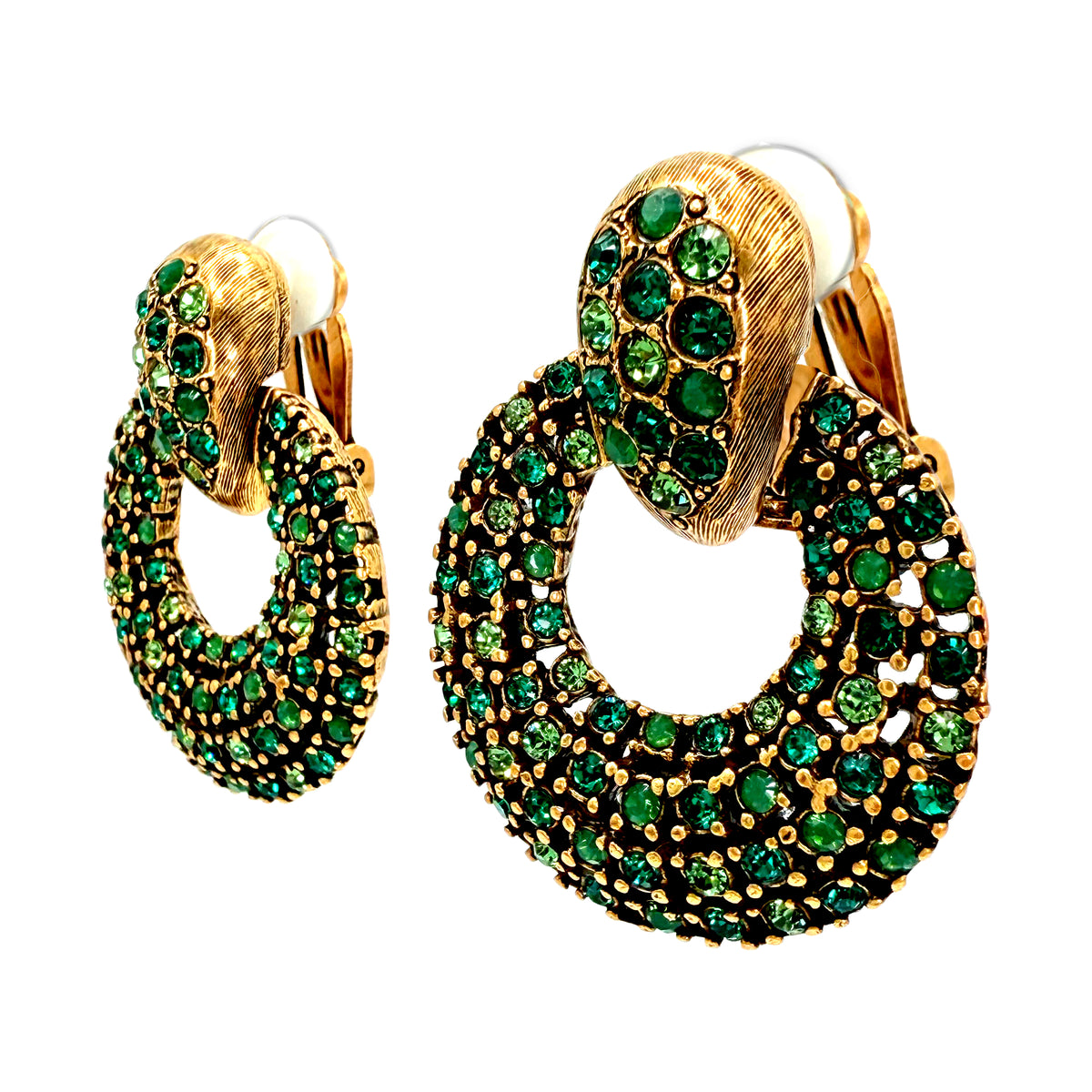 Oscar De La Renta Emerald Green Gold Swarovski Crystals Doorknocker Clip Hoops