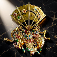 Lunch at The Ritz Asian Fan Brooch with Dangling Multi-Color Fans Gold Plating