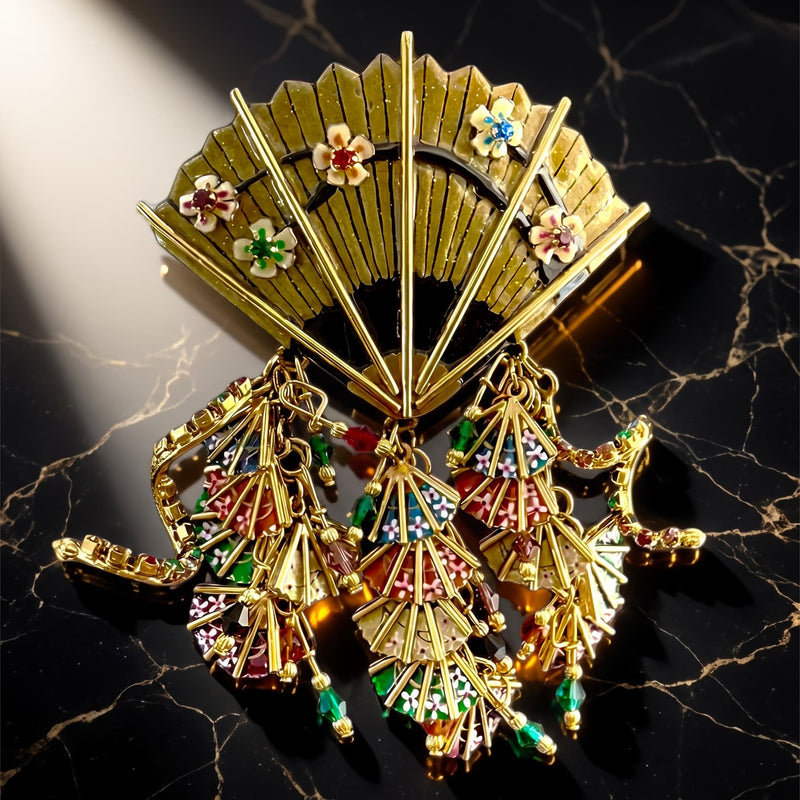 Lunch at The Ritz Asian Fan Brooch with Dangling Multi-Color Fans Gold Plating