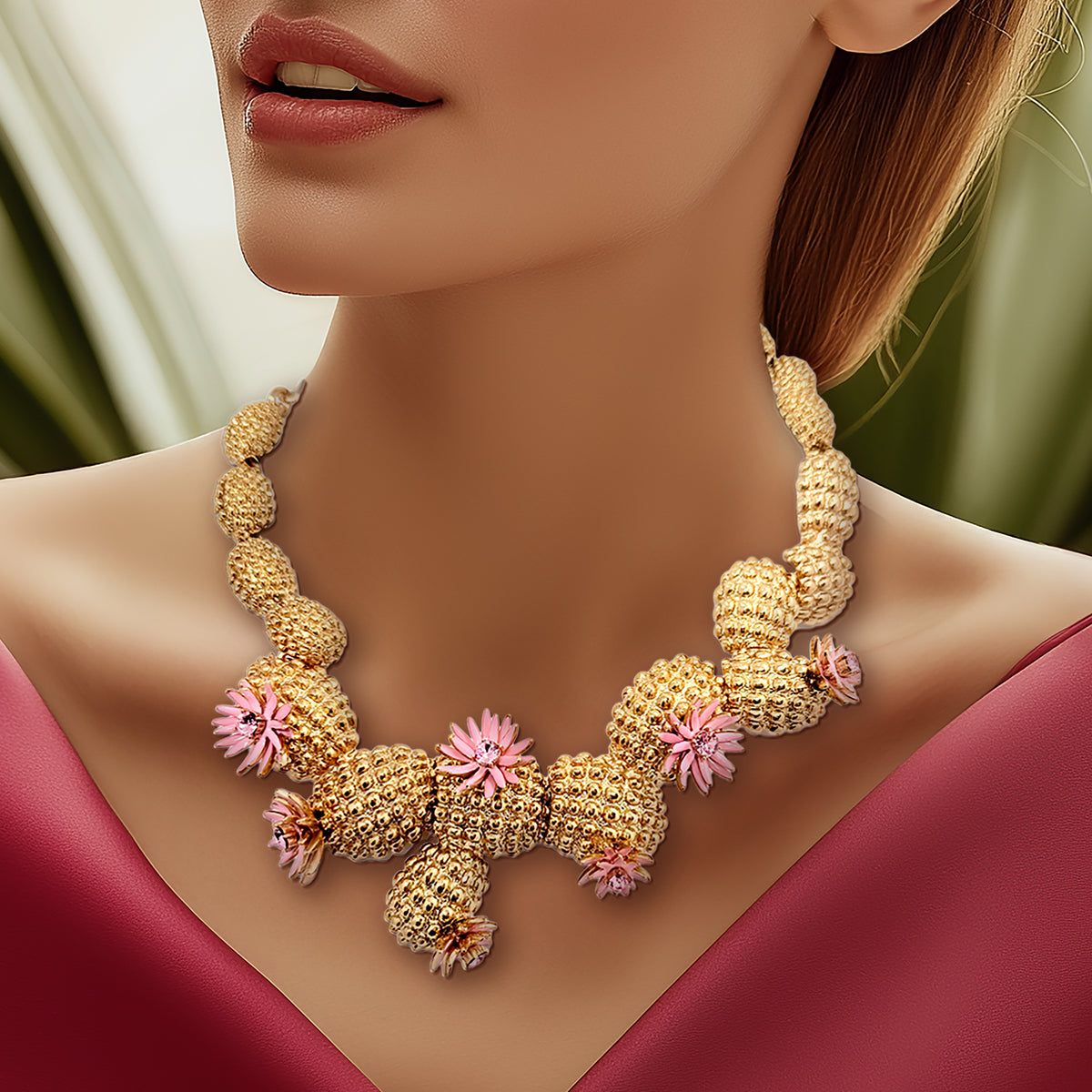 Close-up of Oscar de la Renta cactus blossom necklace in antique gold with sculpted cacti sections and pink enamel flowers, worn with a deep pink dress.