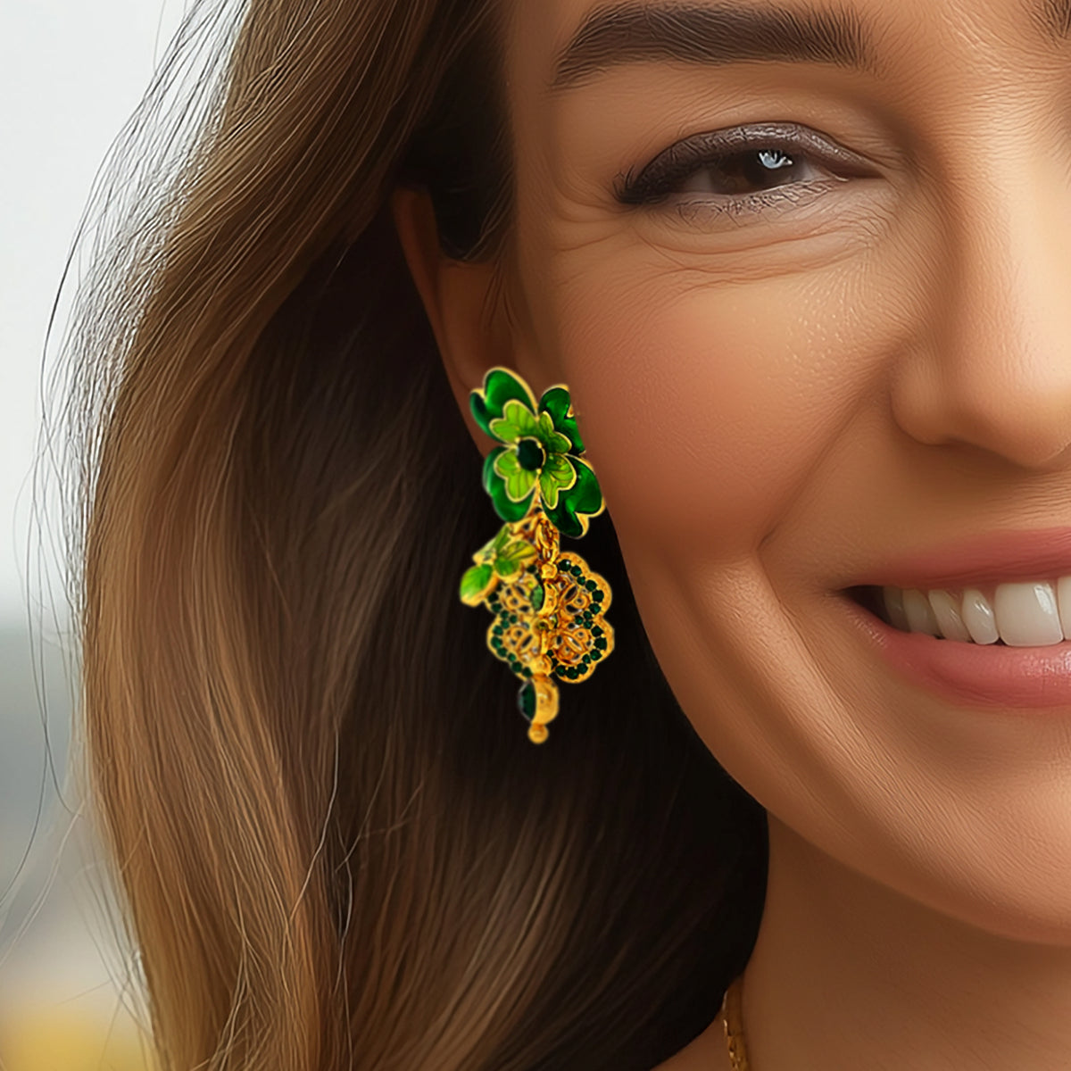 Clover Emerald St Patricks Earrings by Ritzy Couture DeLuxe - 18k Gold Plating