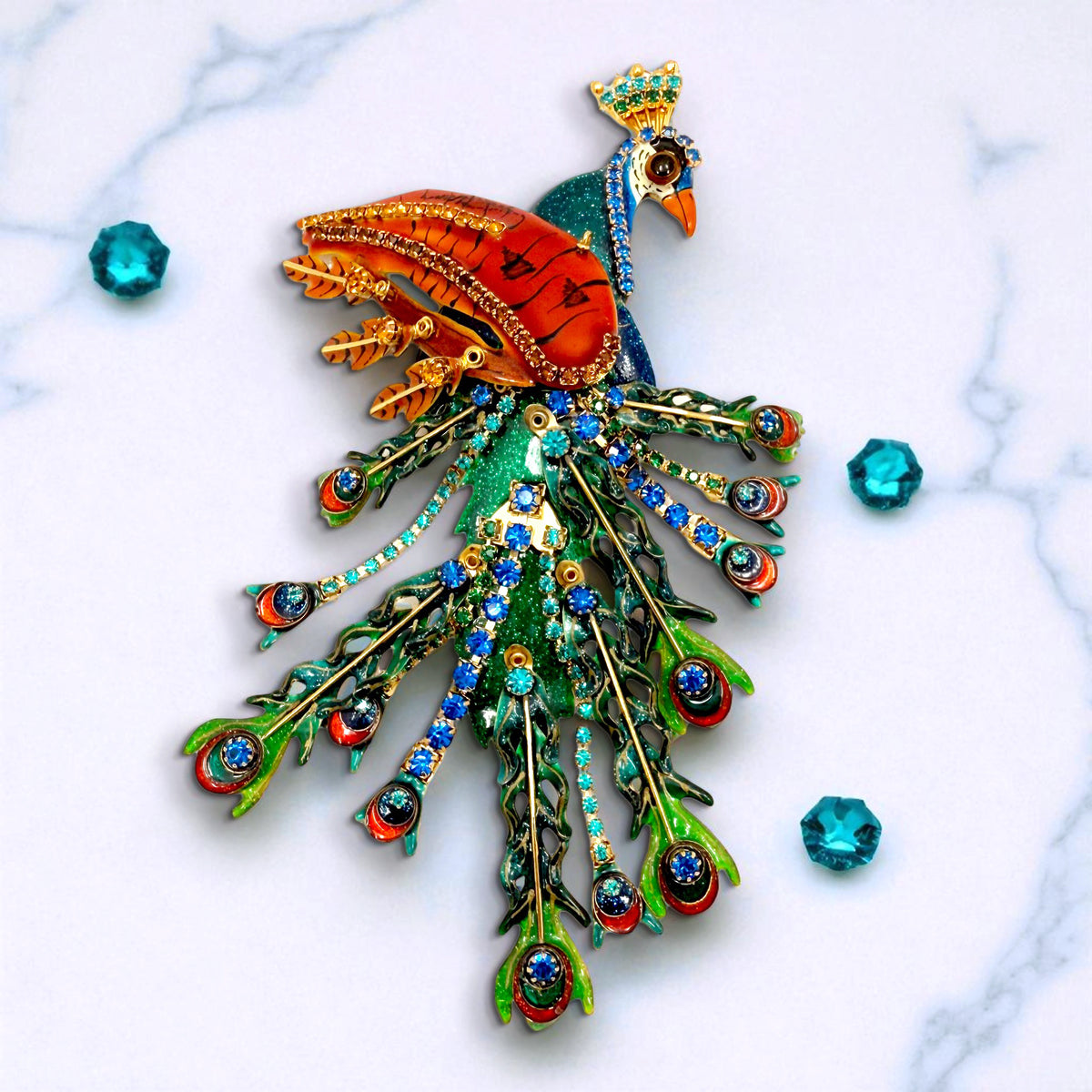 Lunch at The Ritz, Rare Handcrafted Peacock Pin Brooch Pendant with Crystals