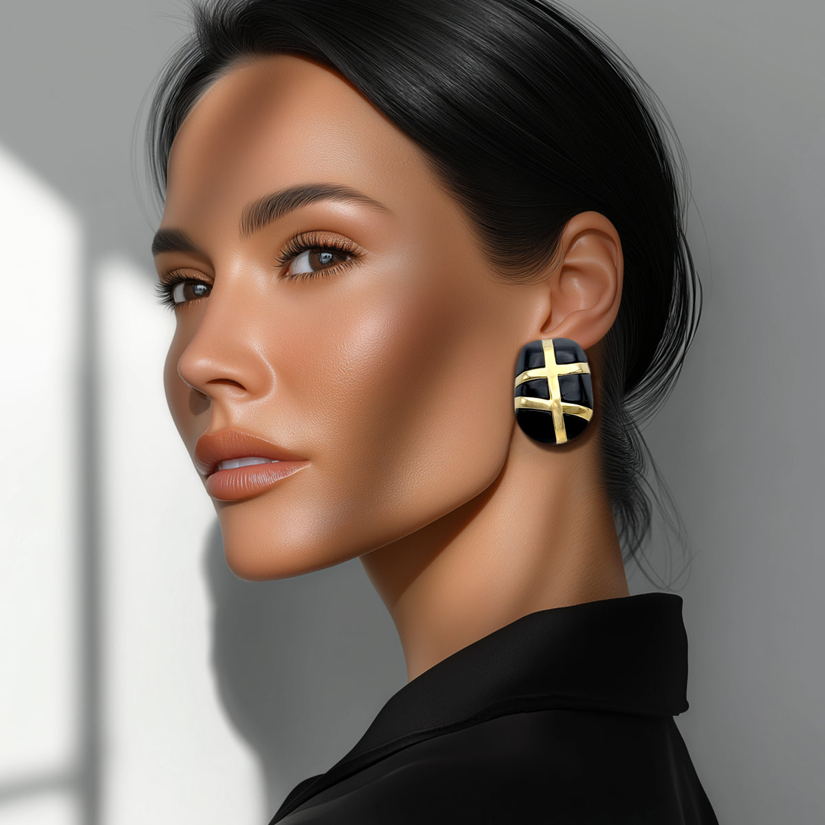 Kenneth Jay Lane 22k Gold Plated Black Resin Clip Earrings with Cross Band Motif