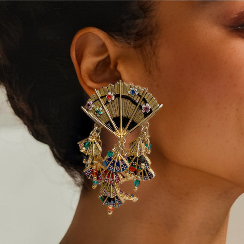 Vintage Lunch at The Ritz Fan Dance Earrings Dangling Enamel Crystal Statement