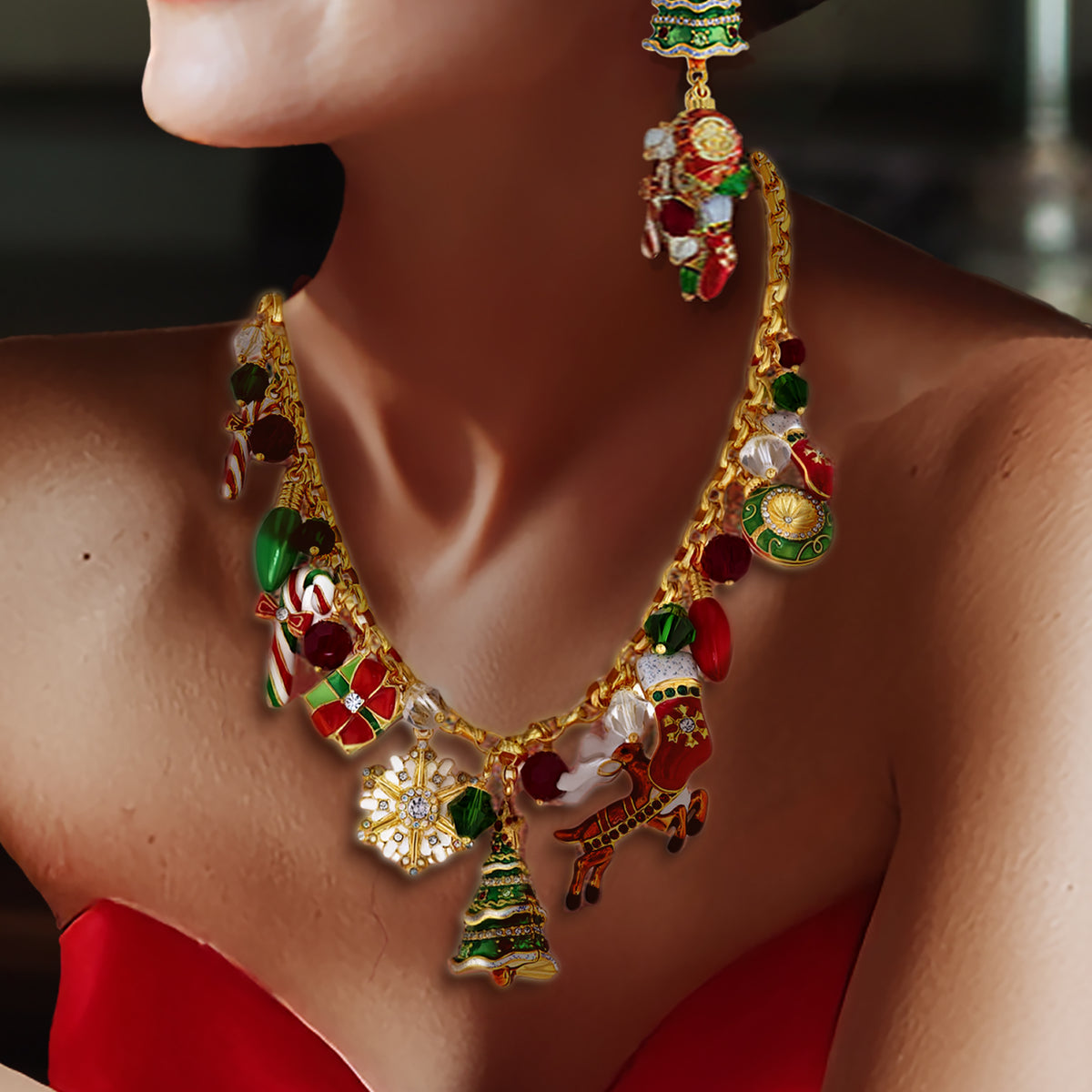 Merry Christmas Multi Charm Necklace by Ritzy Couture DeLuxe – 22k Gold Plated