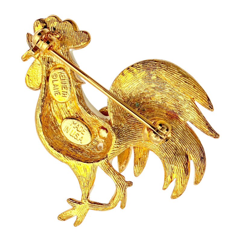 Kenneth Jay Lane Original Sample Pave Crystal Rooster Brooch Gold Plating Enamel USA