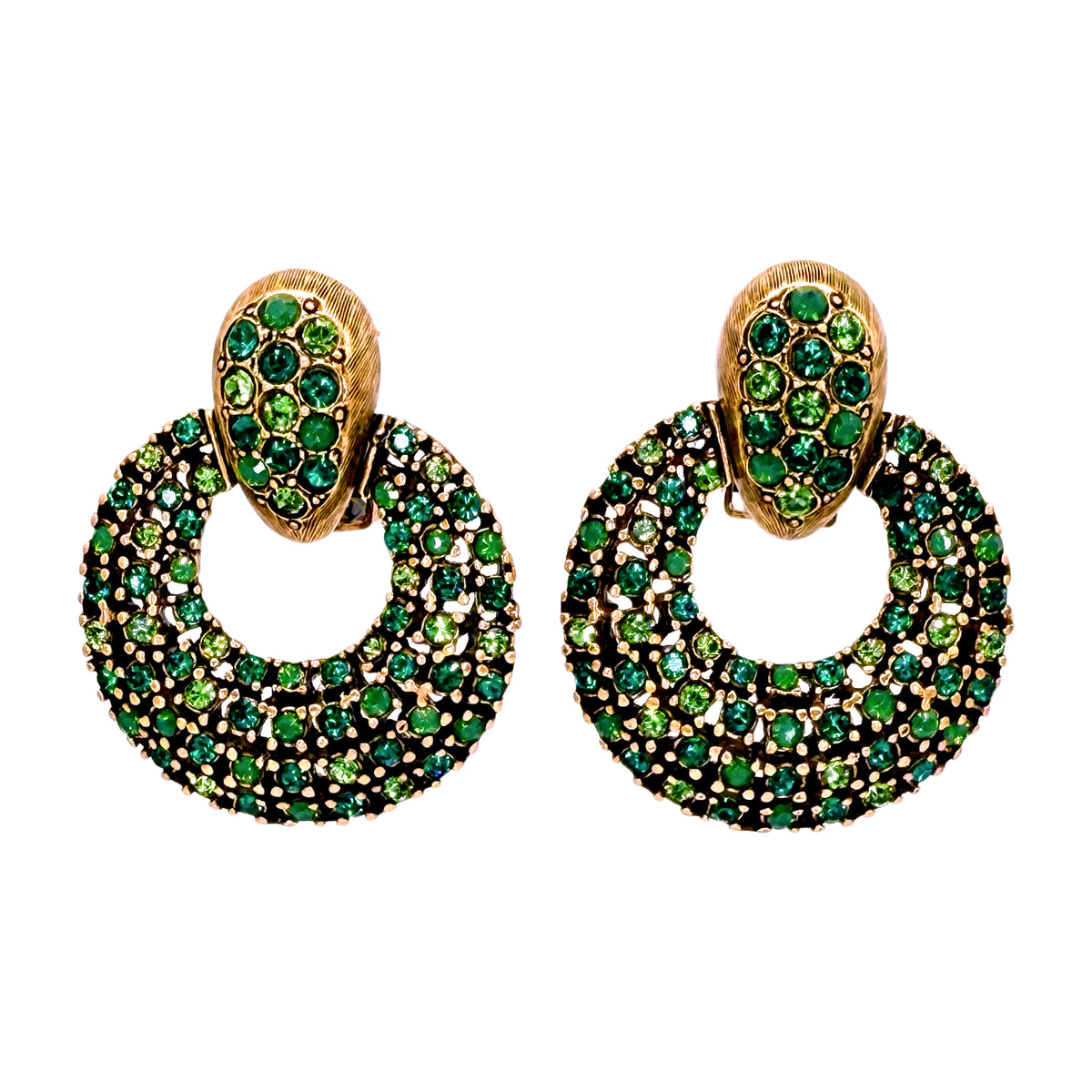 Oscar De La Renta Emerald Green Gold Swarovski Crystals Doorknocker Clip Hoops