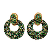 Oscar De La Renta Emerald Green Gold Swarovski Crystals Doorknocker Clip Hoops