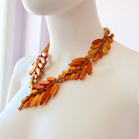 Oscar de la Renta 22K Gold Plated Orange Amber Resin Leaf Statement Necklace