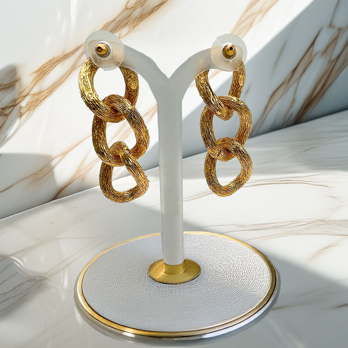 Oscar De La Renta Gold Topaz Swarovski Crystal Chain Link Pierced Earrings