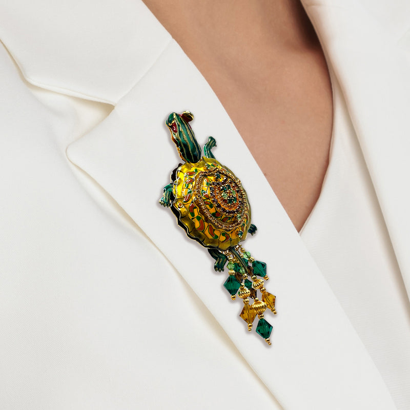 Lunch at The Ritz Emerald Empress Turtle Pin Pendant - Articulated 22k Gold Plated Whimsical Jewelry - 22k Gold Plating