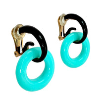 Oscar de la Renta Turquoise Resin Hoop Earrings Black Accent Gold Clip-On Rare