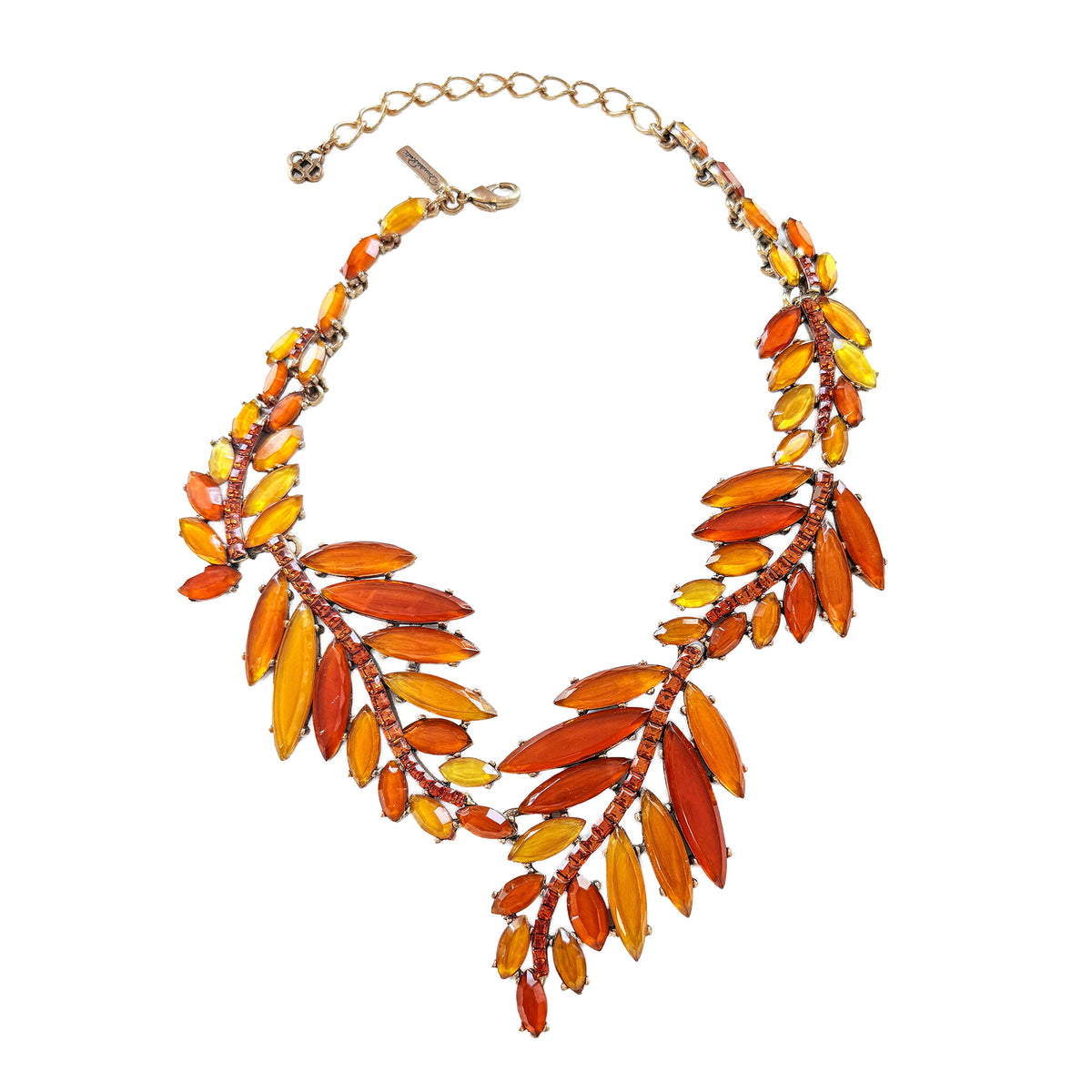 Oscar de la Renta 22K Gold Plated Orange Amber Resin Leaf Statement Necklace