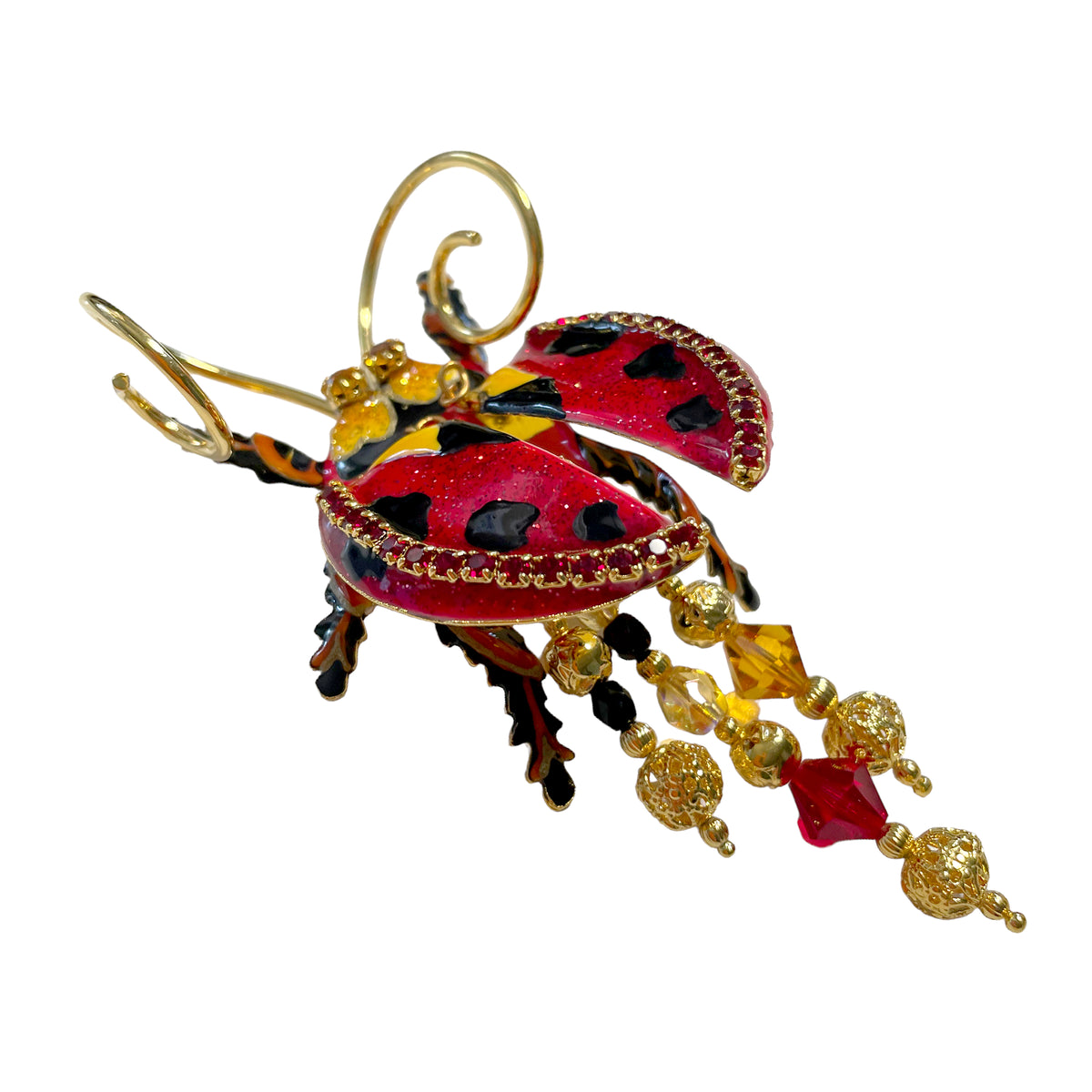 Lunch at The Ritz Ladybug Statement Pin Red Enamel Movable Wings 22k Gold-Plated