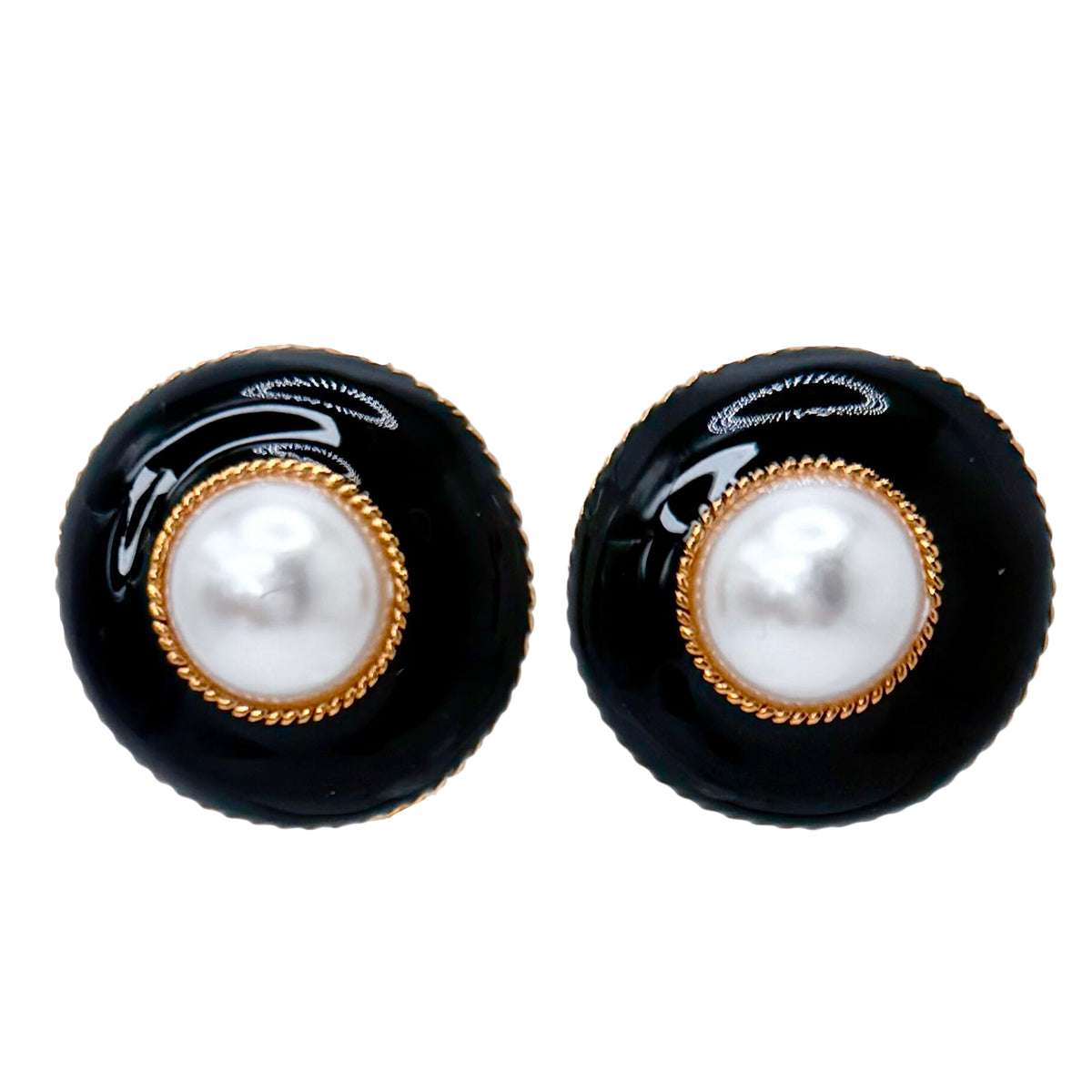 Kenneth Jay Lane 22K Gold Black Enamel Pearl Cabochon Button Clip-On Earrings