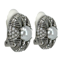 Kenneth Jay Lane Silvertone Art Deco Crystal Pavé Pearl Clip-On Button Earrings