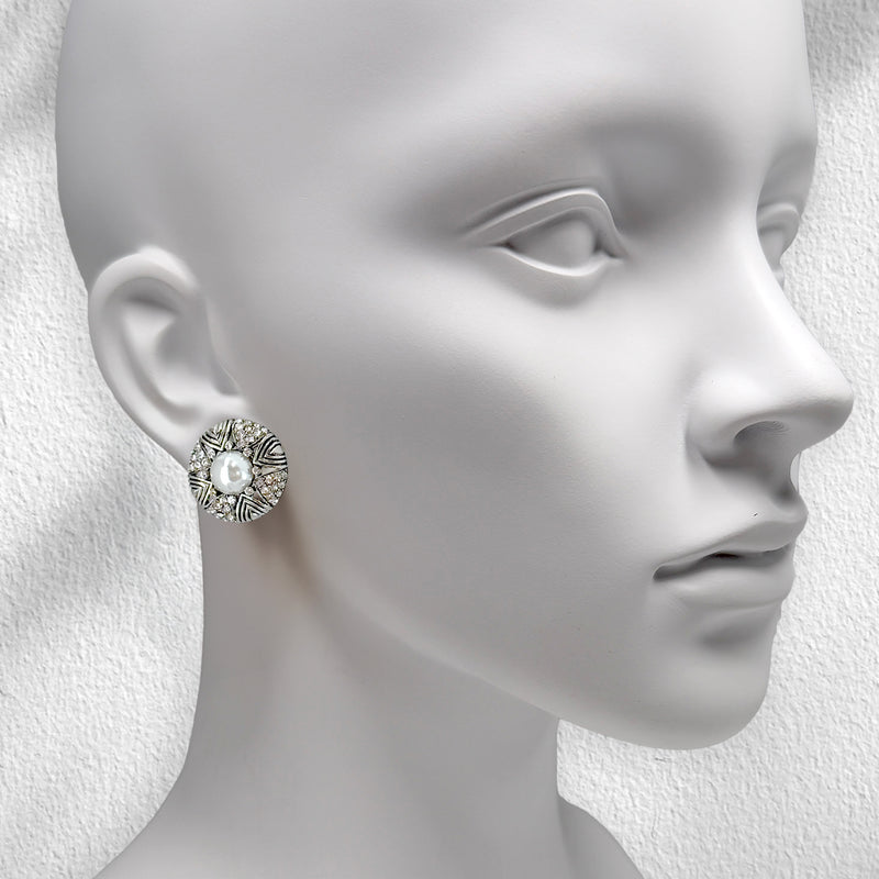 Kenneth Jay Lane Silvertone Art Deco Crystal Pavé Pearl Clip-On Button Earrings