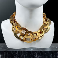 Oscar De La Renta 22k Gold Plated Hammered Chain Link Statement Collar Necklace