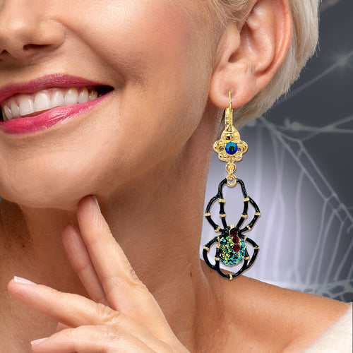 Ritzy Couture Halloween Black Spider AB Crystal Leverback Earrings-22K Gold Plating