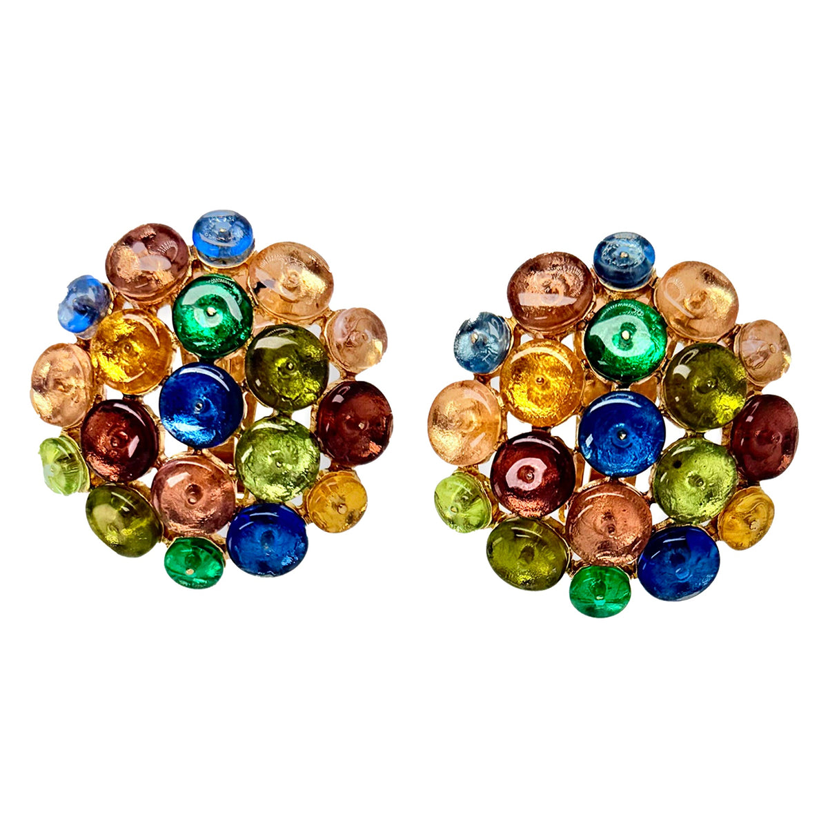 Multicolor Glass Bead Clip-On Button Earrings by Oscar de la Renta – Rare Sample