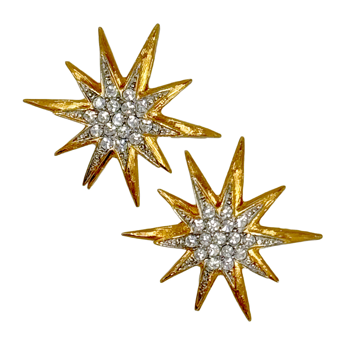 Kenneth Jay Lane 22k Gold Silver Plated Starburst Post Earrings with Crystals