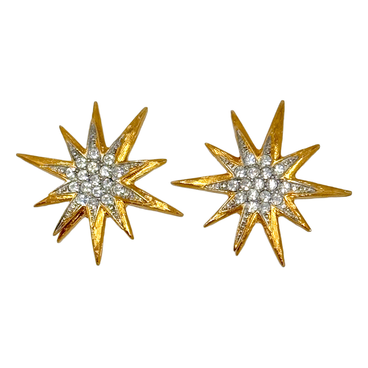 Kenneth Jay Lane 22k Gold Silver Plated Starburst Post Earrings with Crystals