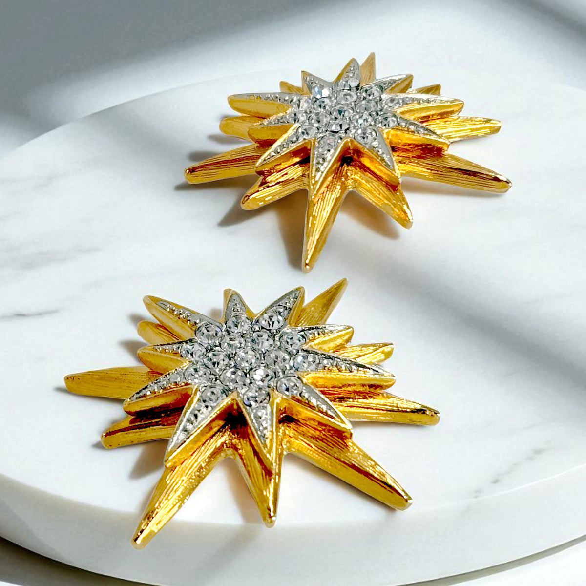 Kenneth Jay Lane 22k Gold Silver Plated Starburst Post Earrings with Crystals