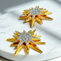 Kenneth Jay Lane 22k Gold Silver Plated Starburst Post Earrings with Crystals