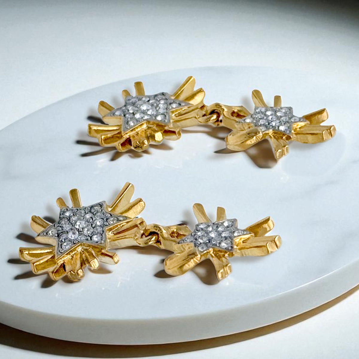 Kenneth Jay Lane 22k Gold and Silver Crystal Pave Starburst Dangle Post Earrings