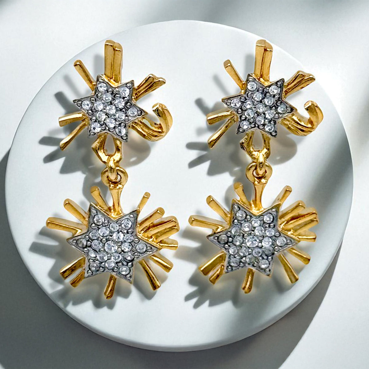 Kenneth Jay Lane 22k Gold and Silver Crystal Pave Starburst Dangle Post Earrings