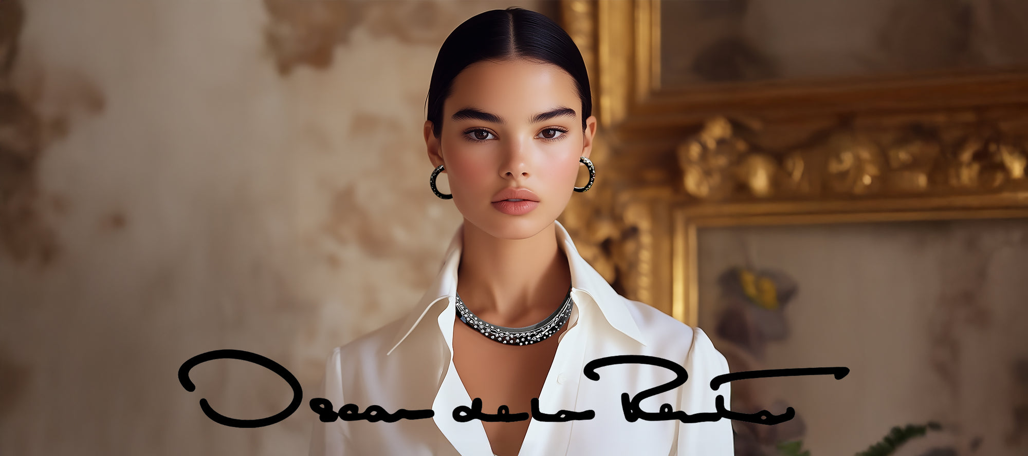 Oscar de la Renta Silver Necklace and Hoop Earrings – Luxury Designer Jewelry
A polished image of a model wearing Oscar de la Renta jewelry, including a shimmering silver-tone layered necklace and matching hoop earrings. Ideal for elegant outfits and high-end occasions.