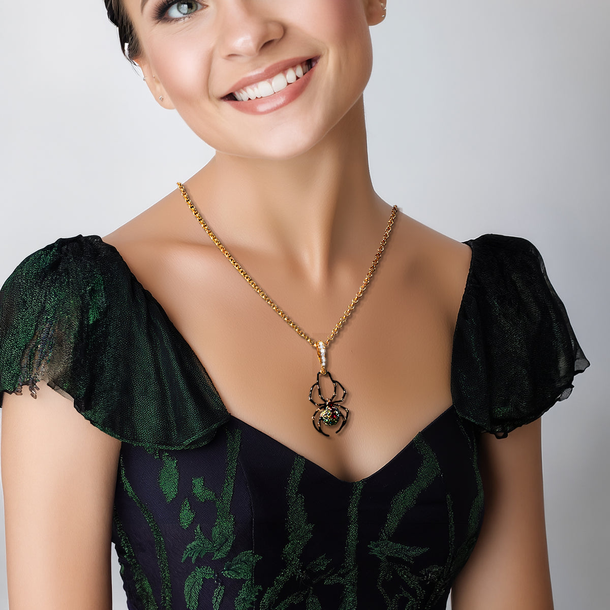 Ritzy Couture Spider Black AB Crystal Halloween Enhancer Pendant Necklace - Goldtone