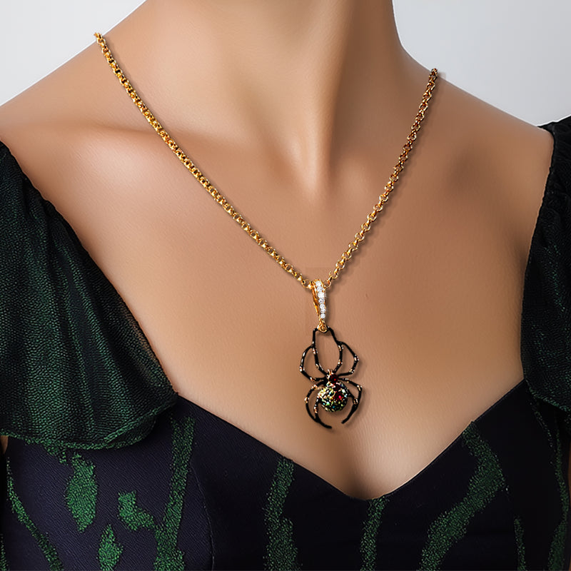 Ritzy Couture Spider Black AB Crystal Halloween Enhancer Pendant Necklace - Goldtone