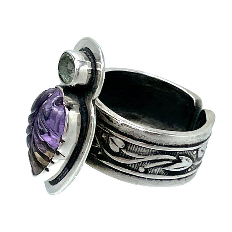 Tabra Jewelry 925 Sterling Silver Sky Blue Topaz and Carved Amethyst Ring Size 7.5 Rare from Esme's Vault OOK415