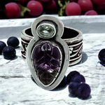 Tabra Jewelry 925 Sterling Silver Sky Blue Topaz and Carved Amethyst Ring Size 7.5 Rare from Esme's Vault OOK415