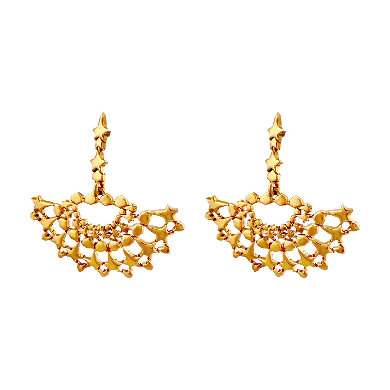 Oscar de la Renta gold star fan earrings with movable fan design, showcasing intricate celestial-inspired details and radiant gold finish.