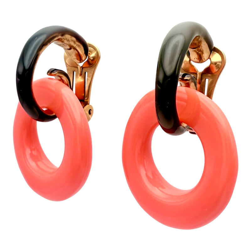 Oscar de la Renta Coral Resin Hoop Clip Earrings Black Enamel Gold-Plated Design