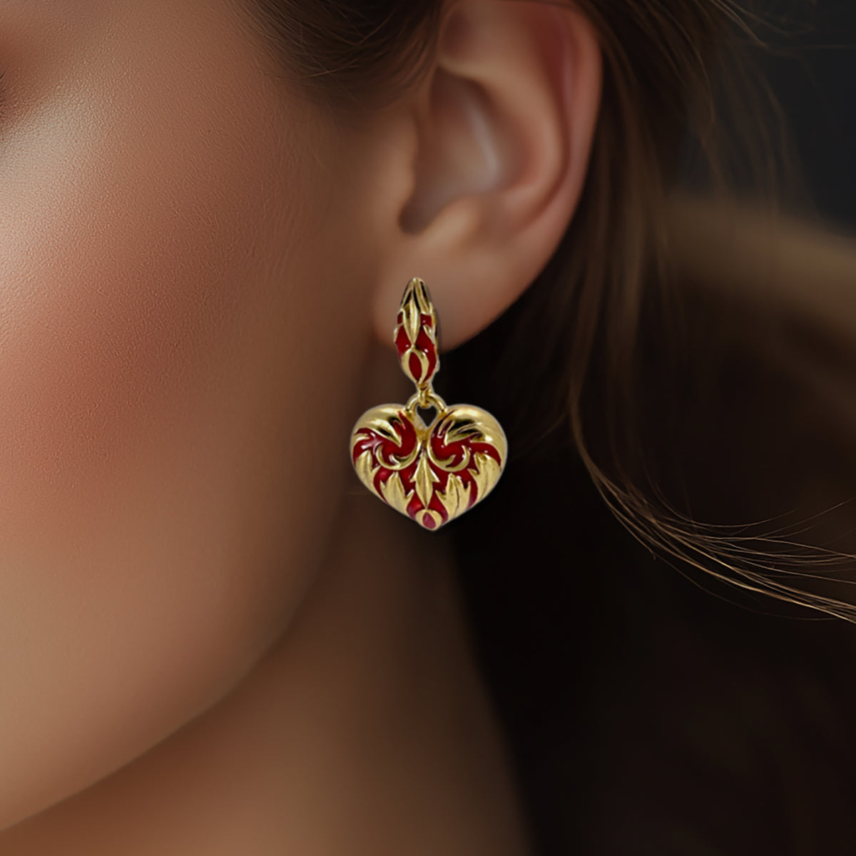 Oscar de la Renta Red Heart Romantic Enamel and Gold Plated Leverback Earrings