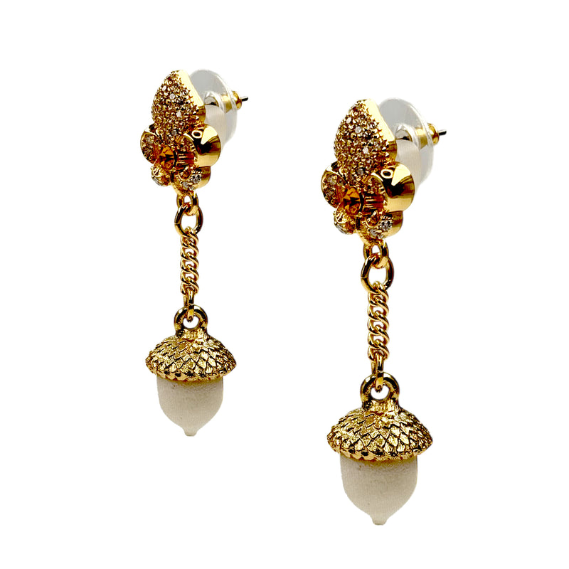 Ritzy Couture DeLuxe Autumn Acorn White Dangle Earrings - 22k Gold Plated