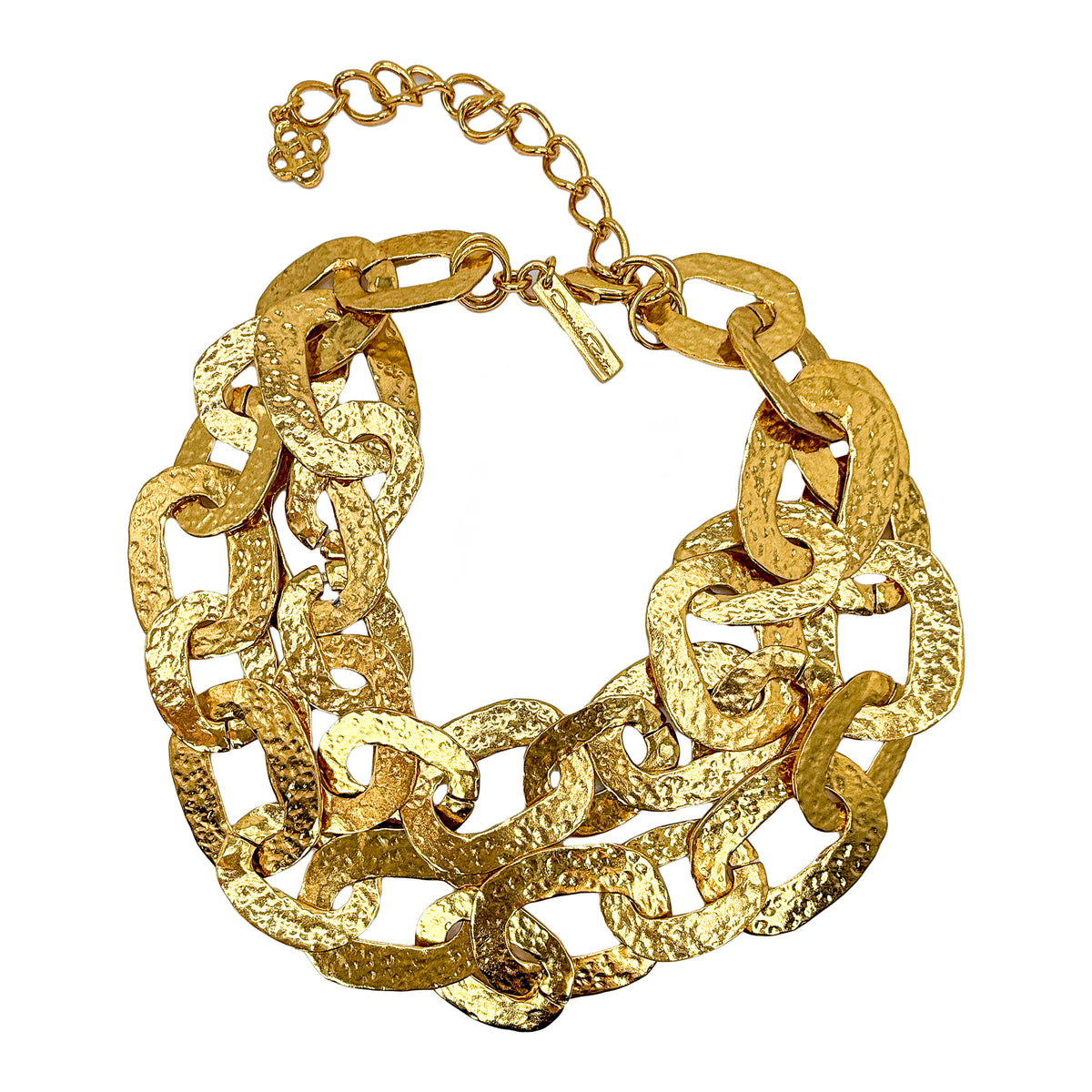 Oscar De La Renta 22k Gold Plated Hammered Chain Link Statement Collar Necklace