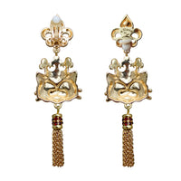 Ritzy Couture Princess Kitty Royal Crown White Cat Enamel Tassel Earrings-Goldtone