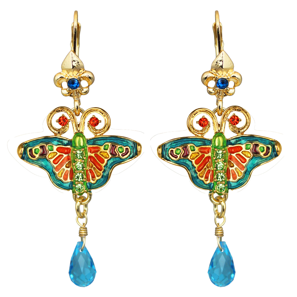 Ritzy Couture Monarch Butterfly Teal Drop Dangle Leverback Earrings Goldtone