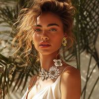 Carolina Herrera Gold Plate White Enamel Multi-Flower Black Crystal Bib Necklace