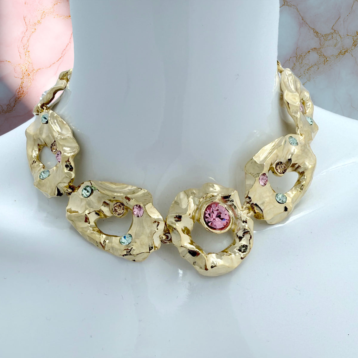 Oscar de la Renta Textured Metal and Crystal Hammered Collar Necklace 16" Long